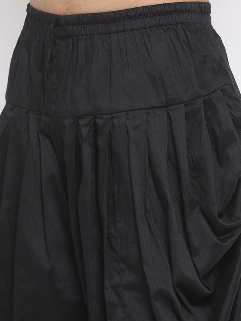 Vastramay Men's Gold Silk Blend Kurta and Black Dhoti Set